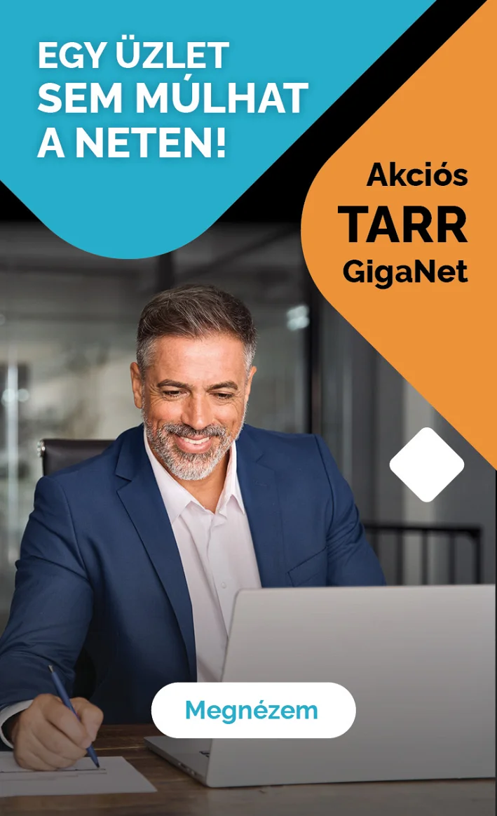 Egy üzlet sem múlhat a neten! Akciós TARR GigaNet, illusztrációs kép üzletemberrel, Megnézem gombbal