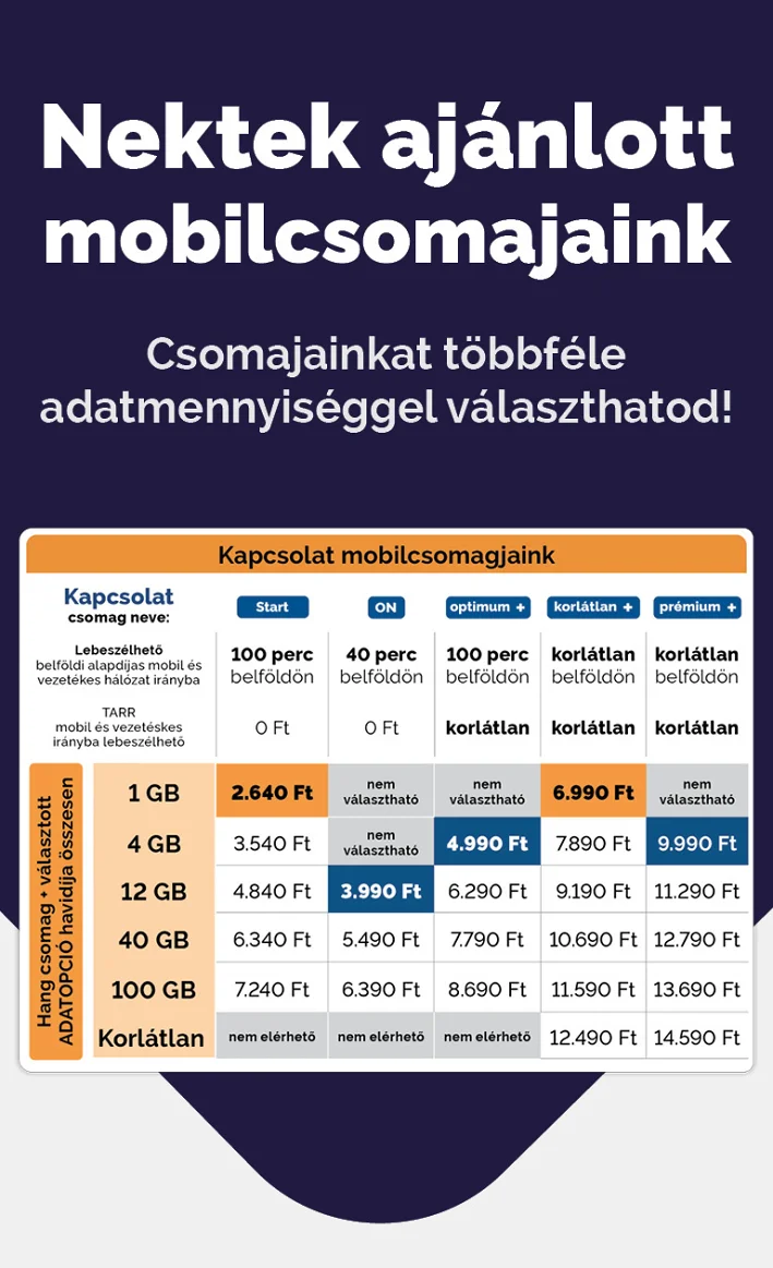 Duplázz okosan akcióhoz mobilcsomag ajánlatos táblázat- csomagok  árai hang és adat mátrixban.