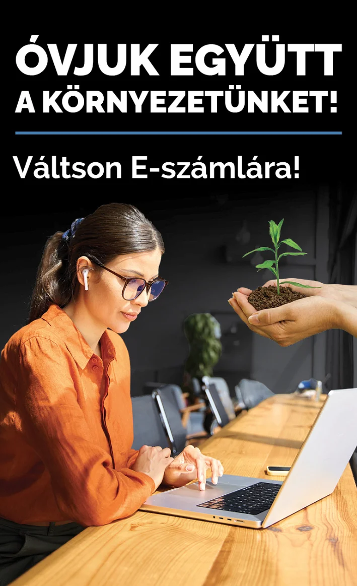 E-számla banner üzletasszony notebook-kal- Óvjuk együtt környezetünket! Váltson e-számlára!