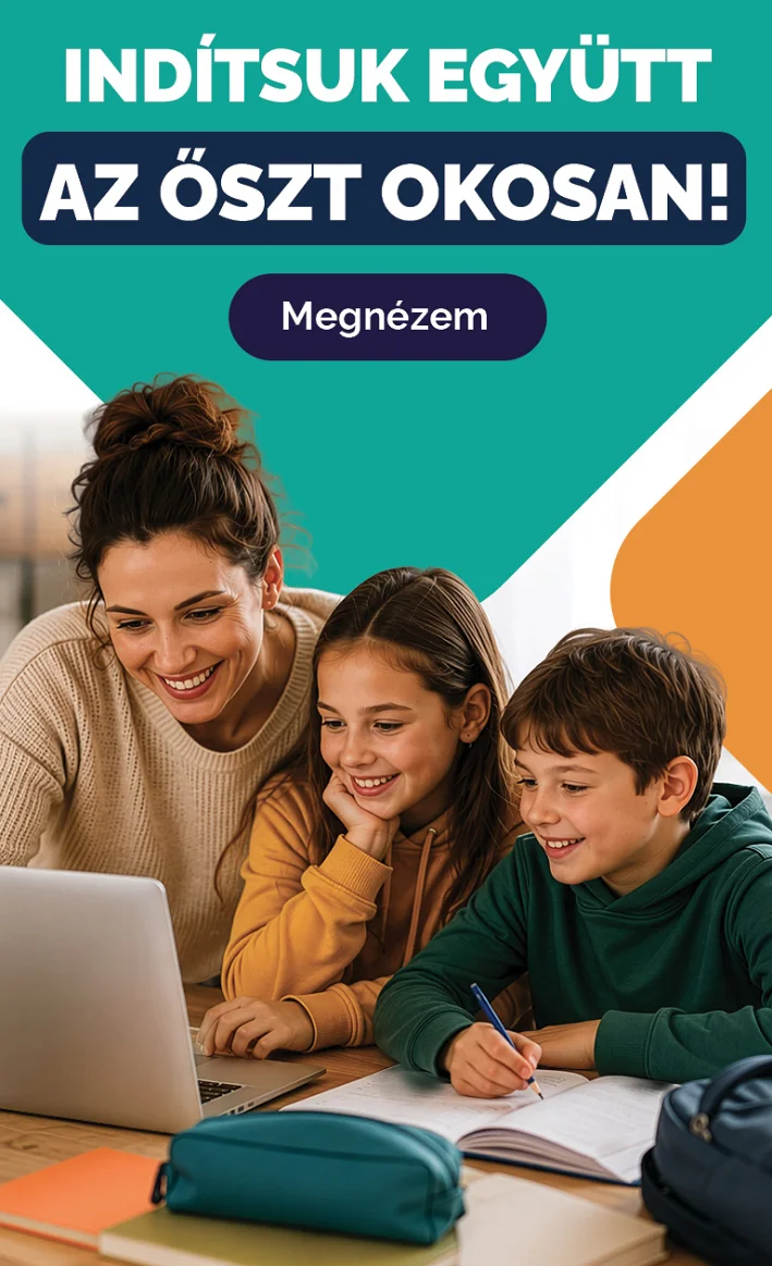 Indítsuk együtt az őszt okosan!-  Megnézem gombbal. Illusztrációs kép iskolakezdős akcióhoz, édesanya és gyerekek tanulnak laptoppal.