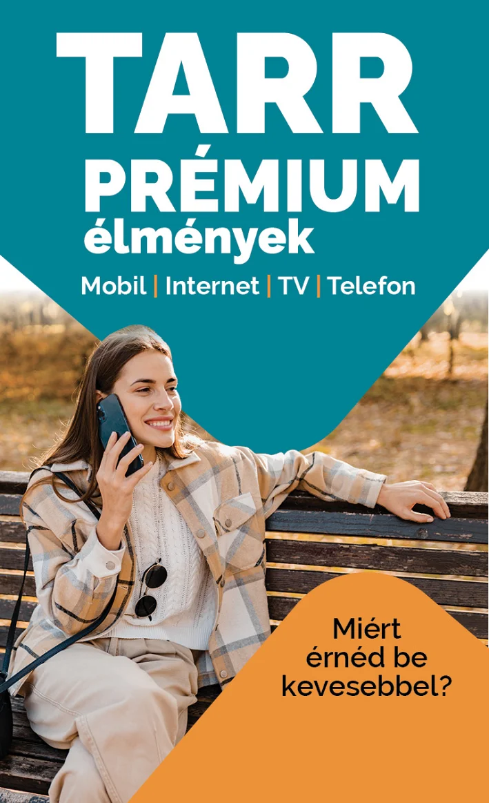 TARR Prémium élmények - mobil, internet, TV, telefon akció reklámképe: nő mobiltelefonnal.