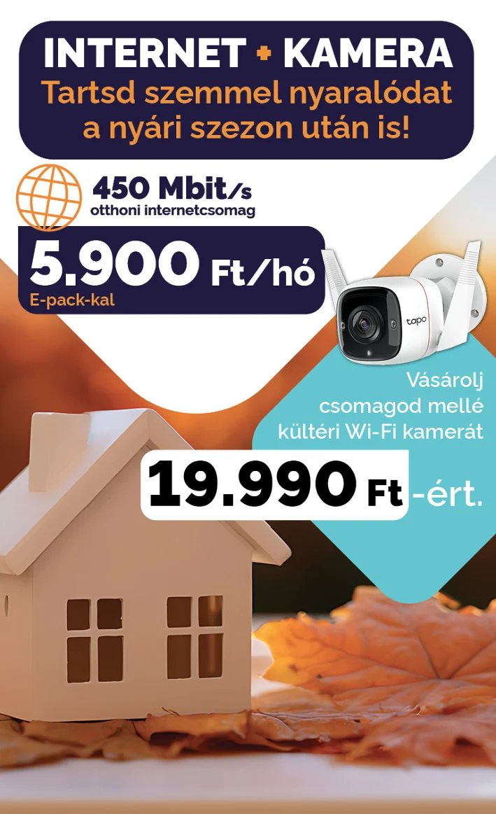 Internet + kamera üdülős ajánlat. Tartsd szemmel a nyaralódat a nyári szezon után is. 450 Mbit/s otthoni internetcsomag 5.900 Ft/hó e-pack-kal. Vásárolj csomagod mellé kültéri Wi-Fi kamerát 19.990 Ft-ért.