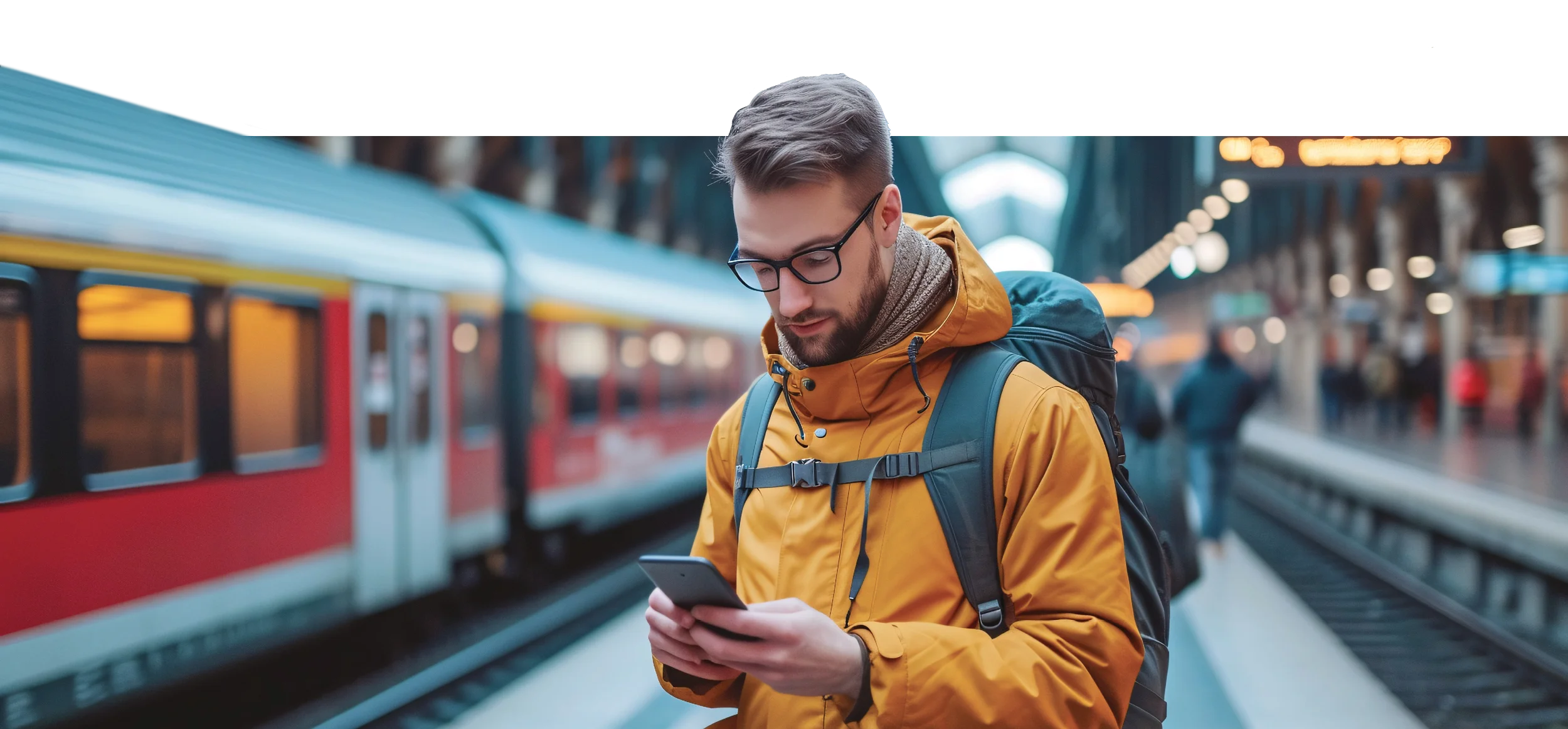 Mobil oldalhoz illusztráció:  férfi mobiltelefonnal utazáskor